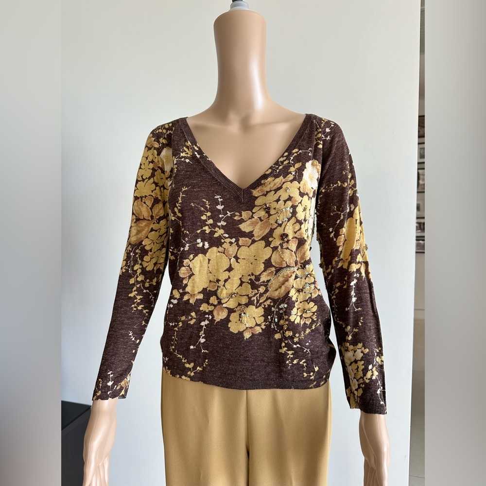 Max Mara Silk Floral Print V-neck Sweater Top, Size M, Beads And Sequin Accents